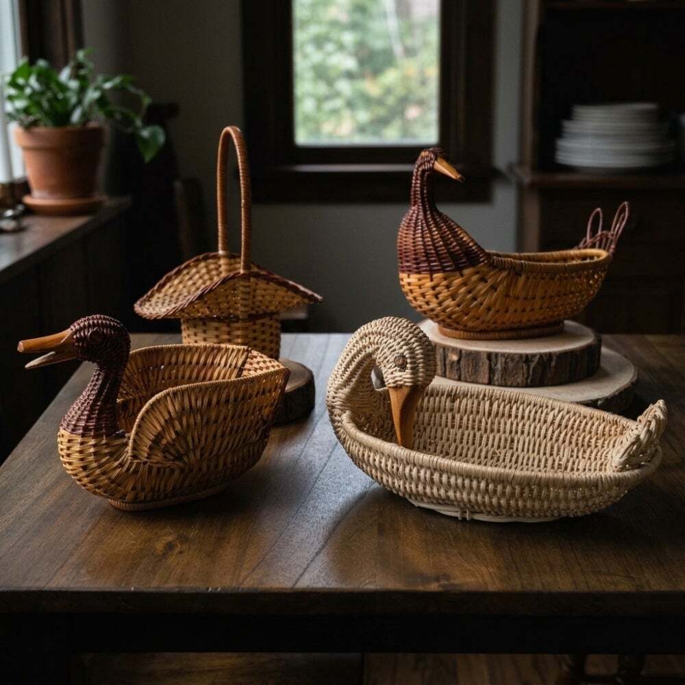 Vintage Set of 4 Wicker Goose & Duck Baskets w/ Ruffled Wooden Bills Handwoven